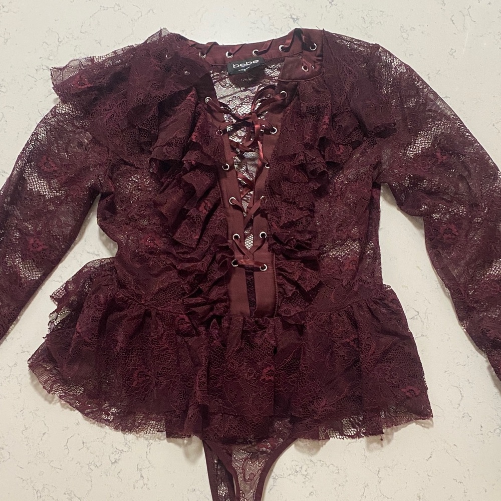 Bebe Maroon Lace-Up Ruffle Bodysuit